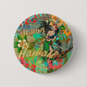 Blommigt av Hawaii Flower Hula-Vintage, grafik Knapp
