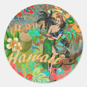 Blommigt av Hawaii Flower Hula-Vintage, grafik Runt Klistermärke
