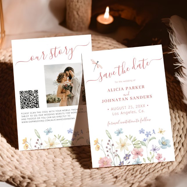 Blommigt av jokerblommor i QR-eleganten bröllop Spara Datumet (Skapare uppladdad)