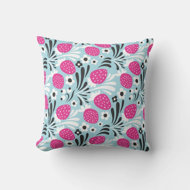 Blommigt av jordgubbar: Rosa Berry Seamless. Kudde (Framsida)