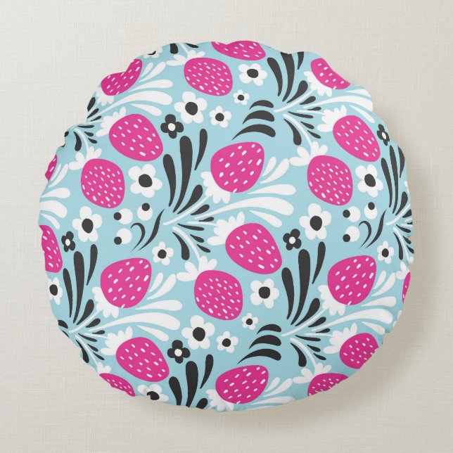 Blommigt av jordgubbar: Rosa Berry Seamless. Rund Kudde (Framsidan)