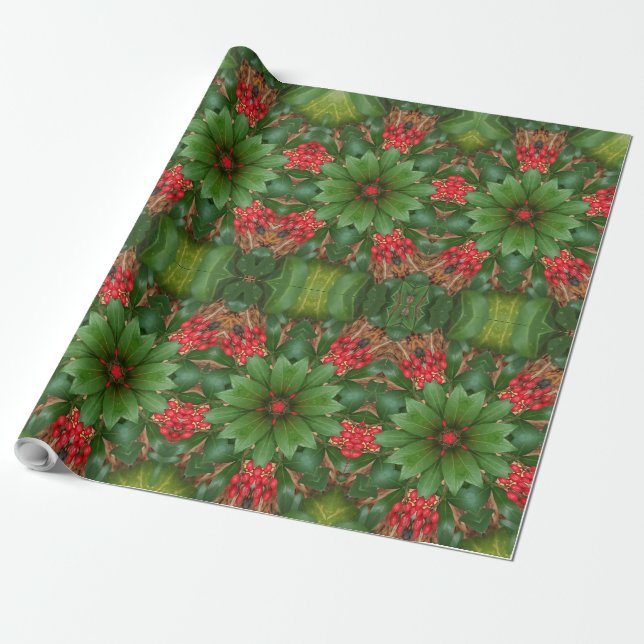 Blommigt av julstjärtsblommor Mönster Red Grönt Presentpapper (Utrullad)