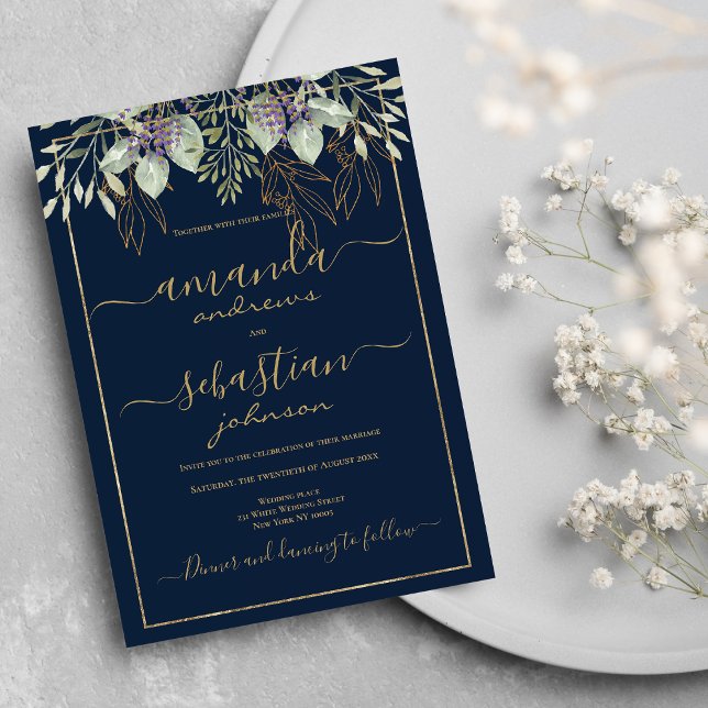 blommigt av kalligrafi av guld-flottan, bröllop inbjudningar (Gold navy blue foliage floral calligraphy wedding)
