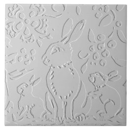 Blommigt av kanin Embossed White Grått Woodland Fo Kakelplatta