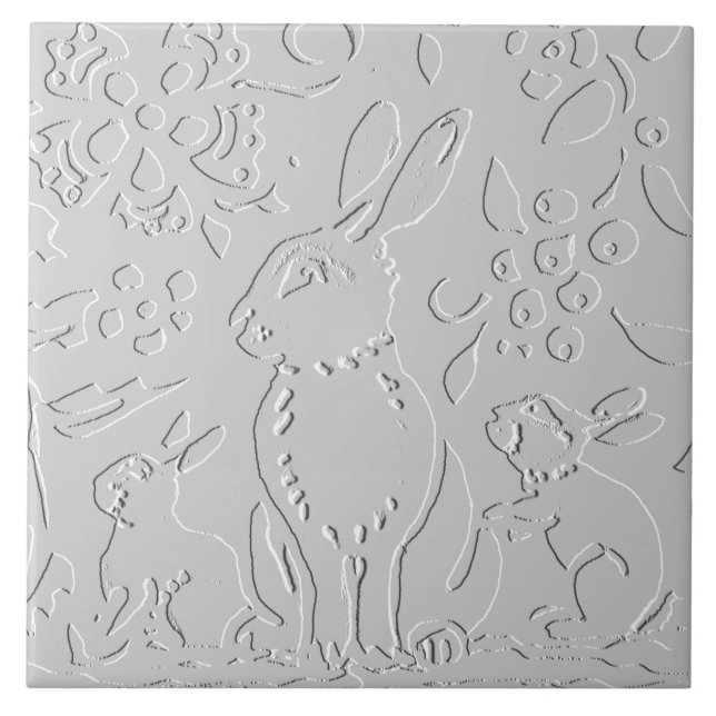Blommigt av kanin Embossed White Grått Woodland Fo Kakelplatta (Framsidan)