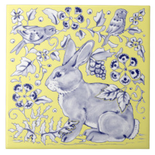 Blommigt av kobolt Blue Gult Rabbit Bird Woodland Kakelplatta