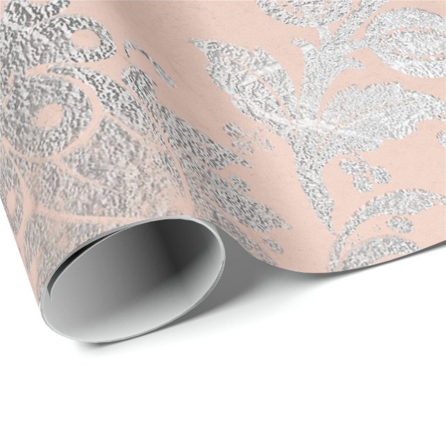 Blommigt av koral Silver Peach Grått Metallic Rosa Presentpapper (Rullad Hörn)