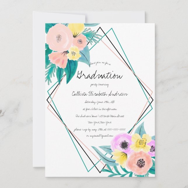 Blommigt av korall Gult Vattenfärg Ram Studenten Inbjudningar (Framsida)