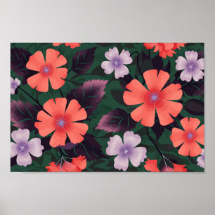 Blommigt av korall och Lila med Mörk Löv Poster