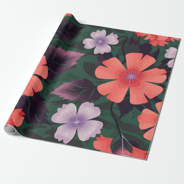 Blommigt av korall och Lila med Mörk Löv Presentpapper (Utrullad)