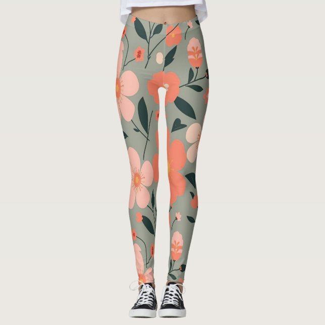 Blommigt av korall och Rosa på Grönt Leggings (Framsida)