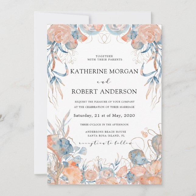 blommigt av korallblått, romantisk Bröllop Inbjudningar (Framsida)