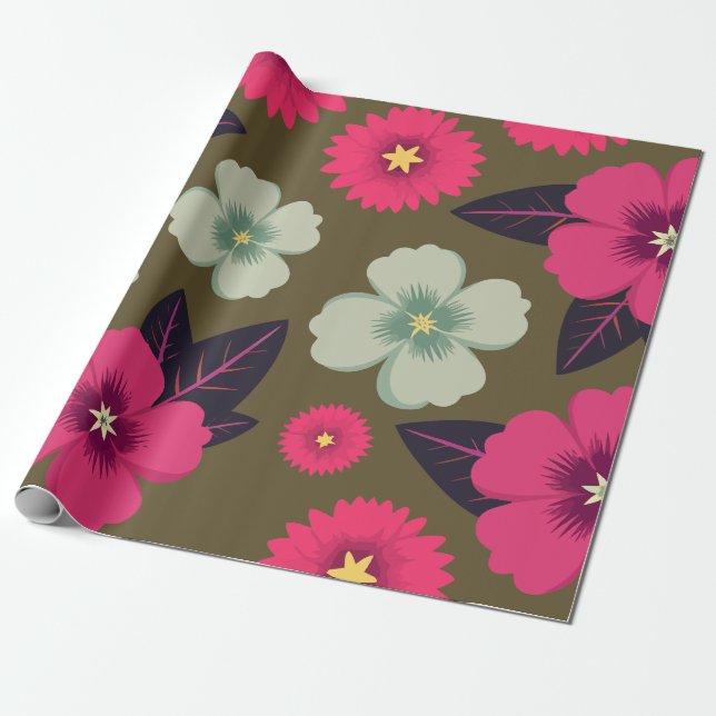 Blommigt av kraftig Rosa och Grönt på olivbotten Presentpapper (Utrullad)