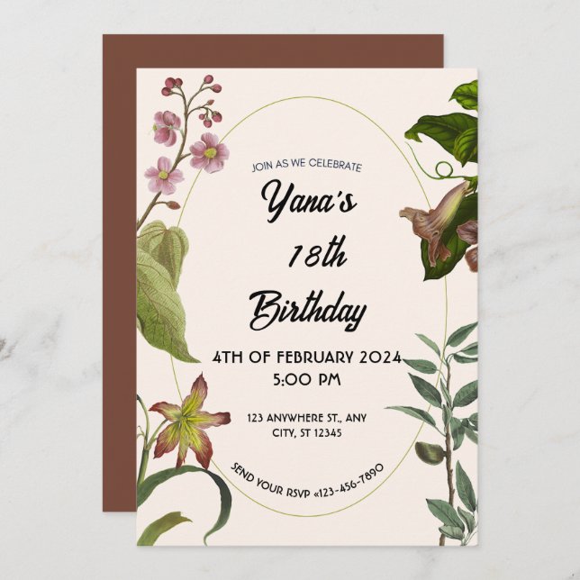 Blommigt av kräm och Grönt 18:e födelsedagen Inbjudningar (Fram/baksida)