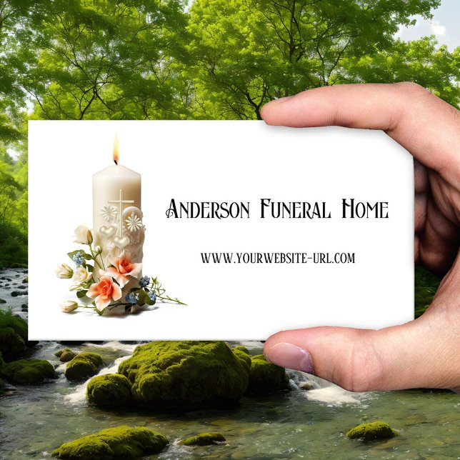 Blommigt av ljus visitkort (Business card featuring a candle, flowers, cross with hearts - funeral home - cremation - undertaker)