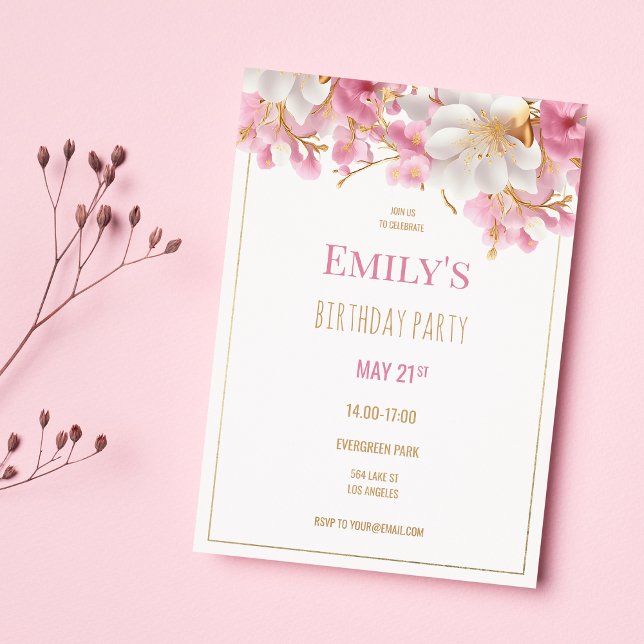 Blommigt av Luxys vita guld rosa-elegant Inbjudningar (Luxury white gold pink elegant floral birthday)