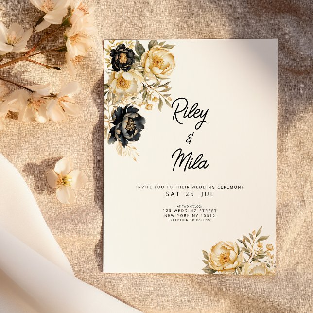 Blommigt av lyxen Bröllop i guld Inbjudningar (Ivory black gold peony floral luxury Wedding)