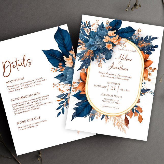Blommigt av marin blå Orange - allt i ett Bröllop Inbjudningar (Floral Modern Rustic All In One Elegant Wedding Invitation)