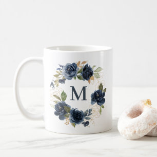 Blommigt av marin blå Ro, utandningsluft Gold Foil Kaffemugg