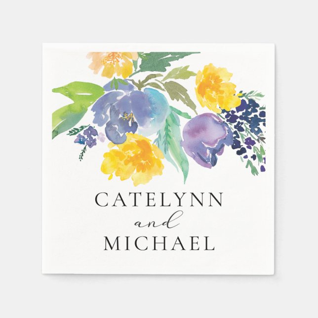 Blommigt av marin blått och Gult Pappersservett (Framsidan)