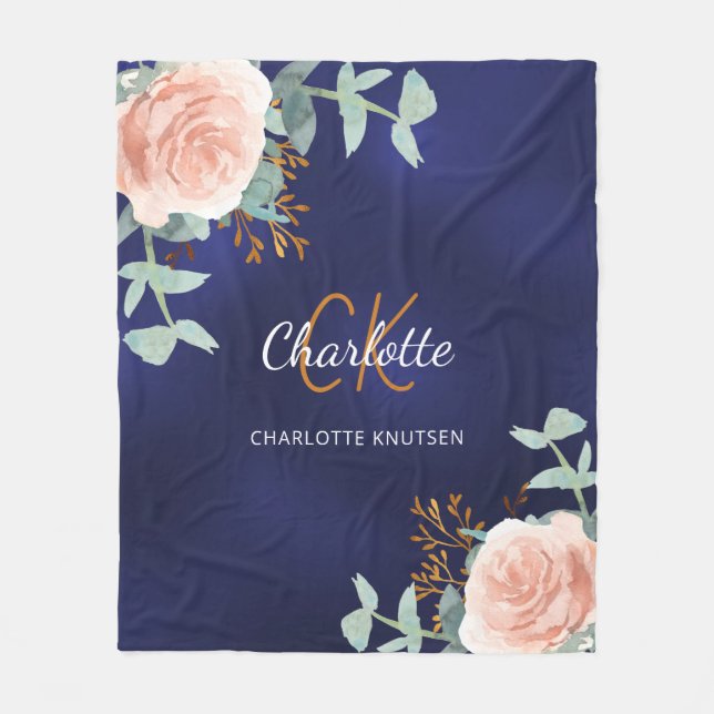 Blommigt av marin blått rosa, grön monogram namn fleecefilt (Framsidan)