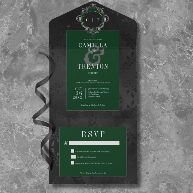 Blommigt av mörk gotin Black & Grönt, serveringsnr (Dark Gothic Black & Green Floral Satin No Dinner All In One Invitation)