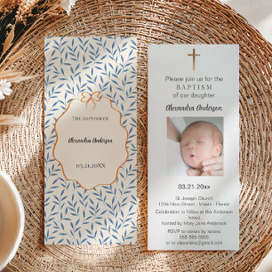 Blommigt av Orangen vintage Blue Löv Photo Baptism Inbjudningar