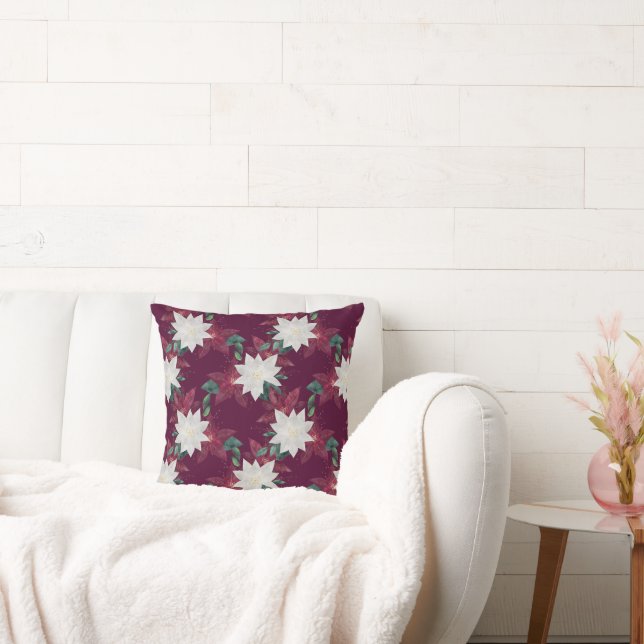 Blommigt av Poinsettia Burgundy och Teal Winter He Kudde (Soffa)