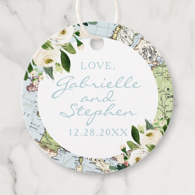 Blommigt av resetema blå Grönt och vit Karta Gåvor Etiketter (Framsida)