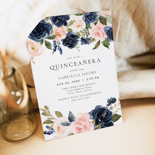  Blommigt av Romantic & Sweet Navy Quinceañera Inbjudningar (Skapare uppladdad)