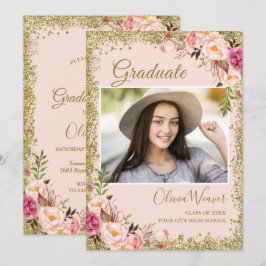 Blommigt av  Rosa Guld Glitter Foto Studenten Inbjudningar