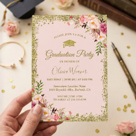 Blommigt av  Rosa Guld Glitter Foto Studenten Inbjudningar