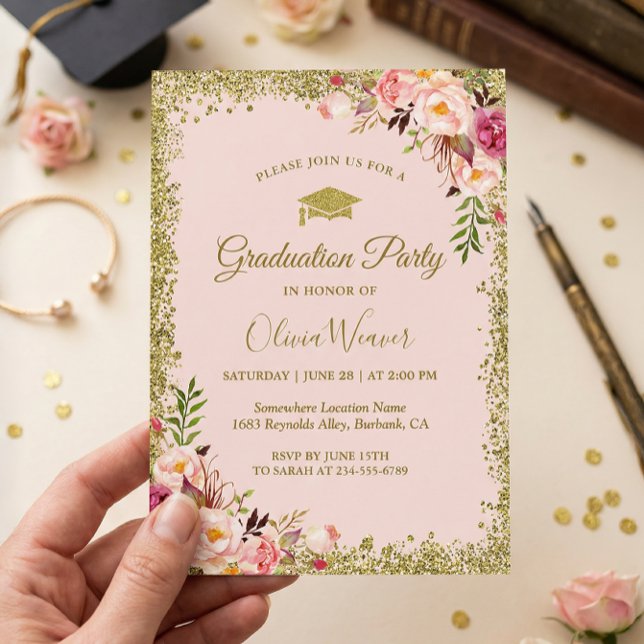 Blommigt av  Rosa Guld Glitter Foto Studenten Inbjudningar (Skapare uppladdad)