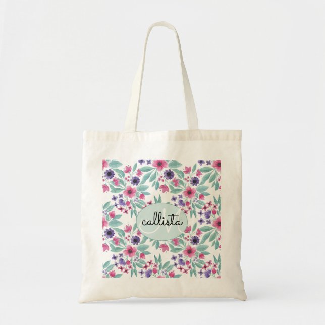 Blommigt av Rosa Lila Teal Watercolor Monogram Tygkasse (Framsidan)