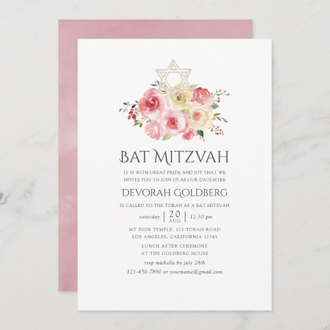Blommigt av  Rosa och Gult Bat mitzvah Inbjudningar (Fram/baksida)