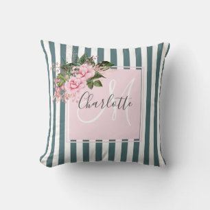 blommigt av rosa rand monogram kudde