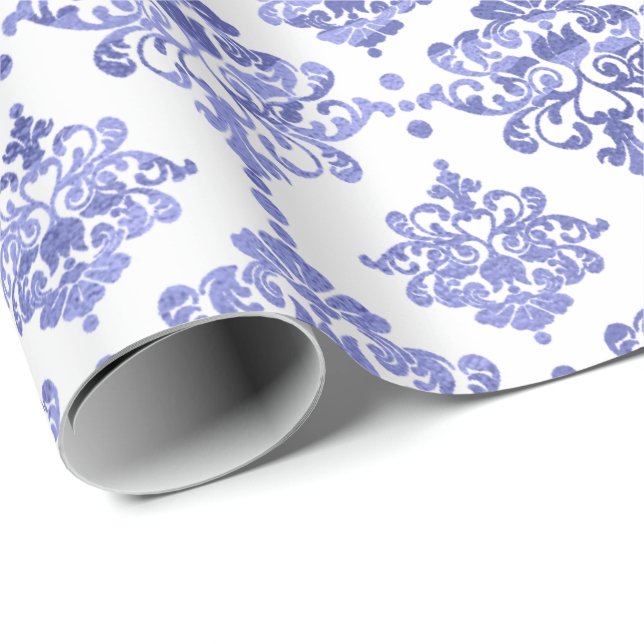 Blommigt av Royalet Damask Blue Cobalt Indigo Whit Presentpapper (Rullad Hörn)