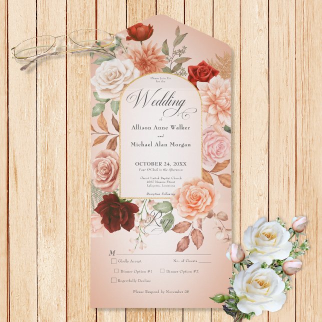  Blommigt av Rustic Boho Rust & Peach Arch-lucka (Also available with a QR code or without dinner selection options.)