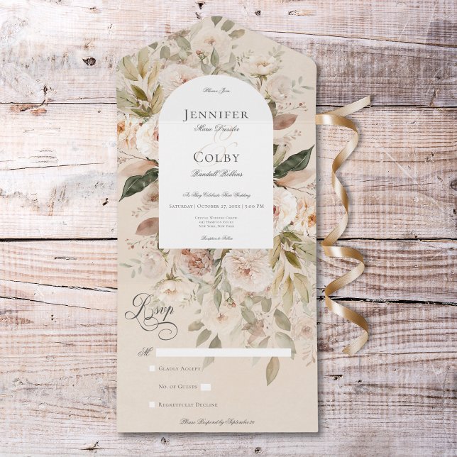 Blommigt av rustik Neutralt Tan & Cream, servering (Rustic Neutral Tan & Cream Floral Arch No Dinner All In One Invitation)