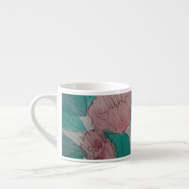 blommigt av samtida sketchy-rosa-blommor och löv espressomugg (Vänster)