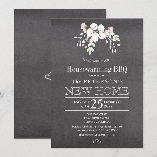 Blommigt av schalkboard rustik husuppvärmning Bq Inbjudningar (Fram/baksida)