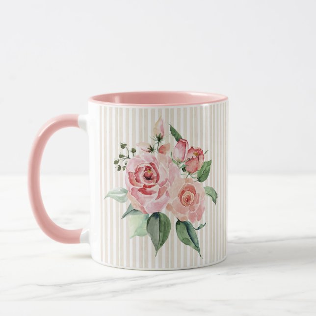 blommigt av Shabby chic rosa-strimlad personlig  Mugg (Vänster)