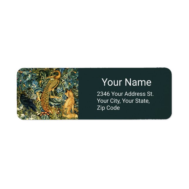 BLOMMIGT AV SKOGSDJUR, PEACOCK OCH FOX-GRÖNT RETURADRESS ETIKETT (Framsidan)