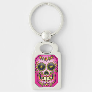 Blommigt av sockerskullsskiva, Magenta Rektangulärt Silverfärgad Nyckelring