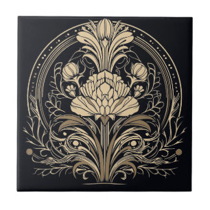 Blommigt av svart och Guld Elegant Art Deco Kakelplatta