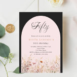 Blommigt av svart rosa, lyx på 50-årsdagen inbjudningar<br><div class="desc">En elegant-jokerinbjudan. En svart bakgrund och en rosa färgad. Dekorerad med vattenfärgade vilda blommor i beige,  rosa.</div>