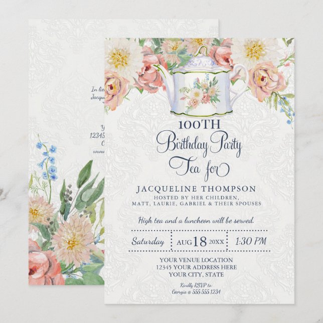 Blommigt av tea Dusty Rosa Elegant Art Tekanna Inbjudningar (Fram/baksida)