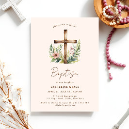 Blommigt av träfärg Kor Watercolor | Baby Baptism Inbjudningar