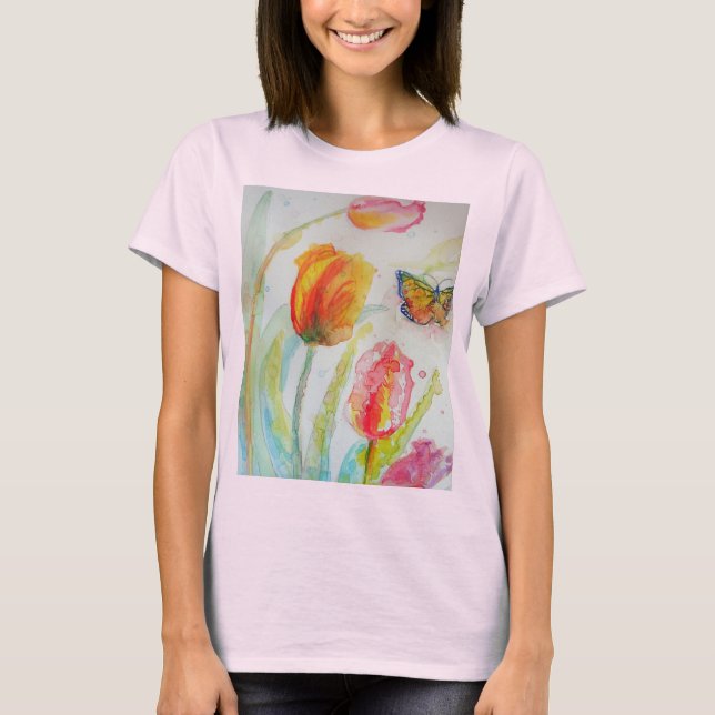 Blommigt av tulip Watercolor Womens T Shirt (Framsida)