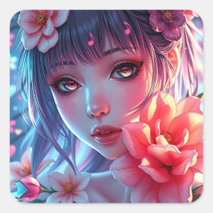 Blommigt av vacker Anime Girl Glitchcore Fyrkantigt Klistermärke